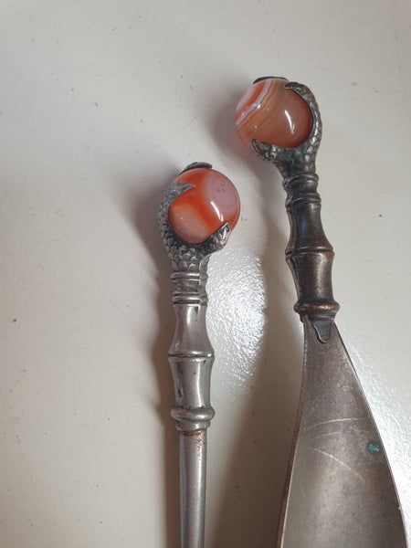Antique Claw Footed Agate Marble Ball handled Button Hook / Shoe Horn Set Carousel 2