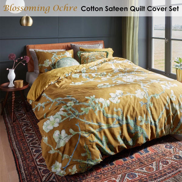 Blossoming Ochre Cotton Sateen Quilt Cover Set Queen Carousel 2