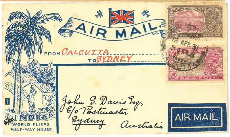 1934 India First Flight Airmail Cover – Calcutta to Sydney, Forwarded to UK Carousel 1