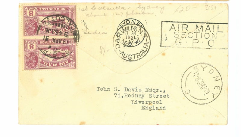 1934 India First Flight Airmail Cover – Calcutta to Sydney, Forwarded to UK Carousel 2