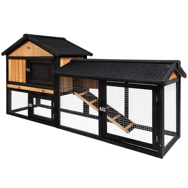 Three Doors Pet Rabbit Wooden Cage with Built-in Foldable Ramp Carousel 1