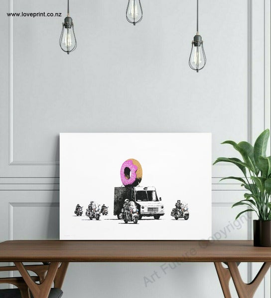 Framed $1 RESERVE 1 Panel Canvas Art Print - Banksy - Donut Carousel 2