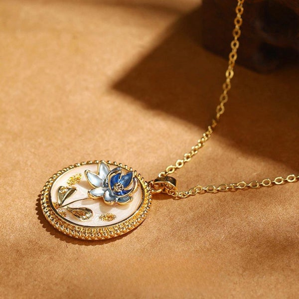 Gold Enamel Floral Necklace. Handmade Enamel Flower 3D Pendant Necklace Carousel 1