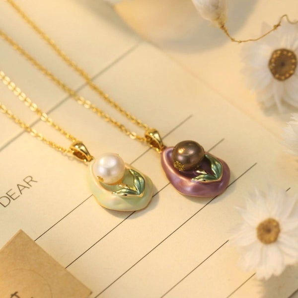 Handmade Pearl Enamel Necklace. Adjustable Pearl Flower Jewelry Carousel 2