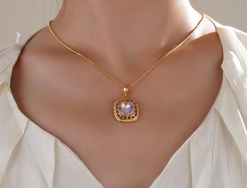 Elegant Gold Mother of Pearl Flower Charm Necklace. Floral Wedding Jewelry Carousel 1