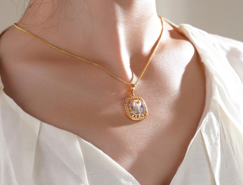 Elegant Gold Mother of Pearl Flower Charm Necklace. Floral Wedding Jewelry Carousel 2