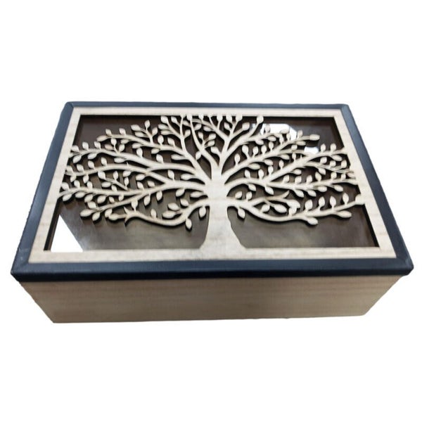 Kitchen Classic Black With Tree Wooden Box with Glass Lid BX494 Carousel 1