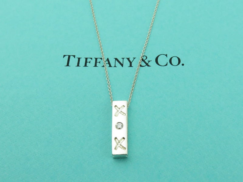TIFFANY & CO Sterling Silver Kiss Bar Diamond Pendant Necklace Carousel 1