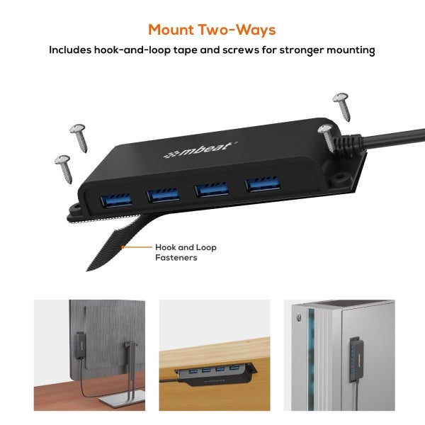 mbeat Mountable 4-Port USB-A & USB-C Adapter Hub - 60cm Data Cable USB 3.0 2.0 H Carousel 2