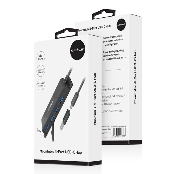 mbeat Mountable 4-Port USB-A & USB-C Adapter Hub - 60cm Data Cable USB 3.0 2.0 H Carousel 4