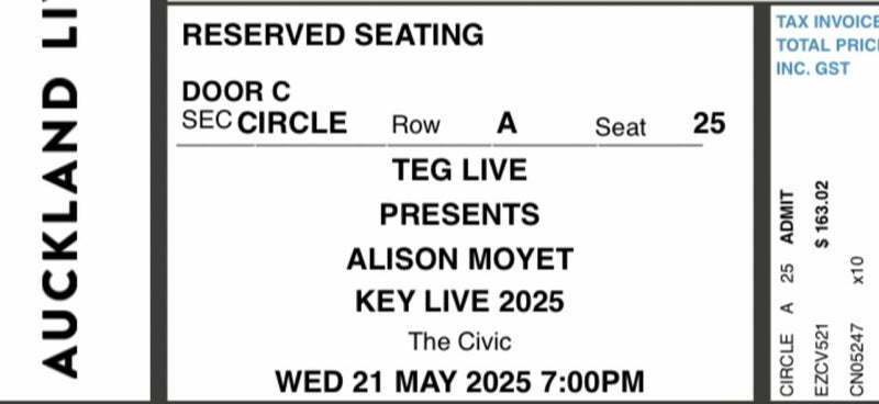 Alison Moyet tickets x 2 Auckland - fantastic seats Carousel 1