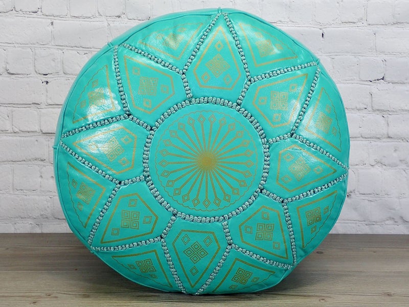 Quality Moroccan Leather Pouf Ottoman Footstool Turquoise - FREE DELIVERY Carousel 1