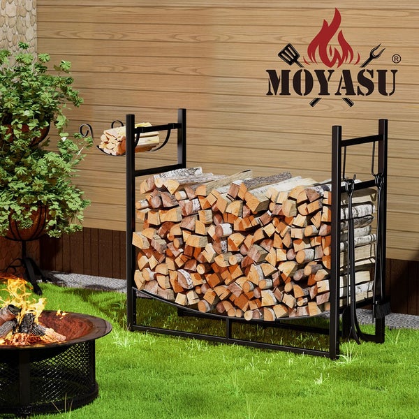 Moyasu Firewood Rack with Kindling Holder Steel Fireplace Tool Log Wood Storage Carousel 10