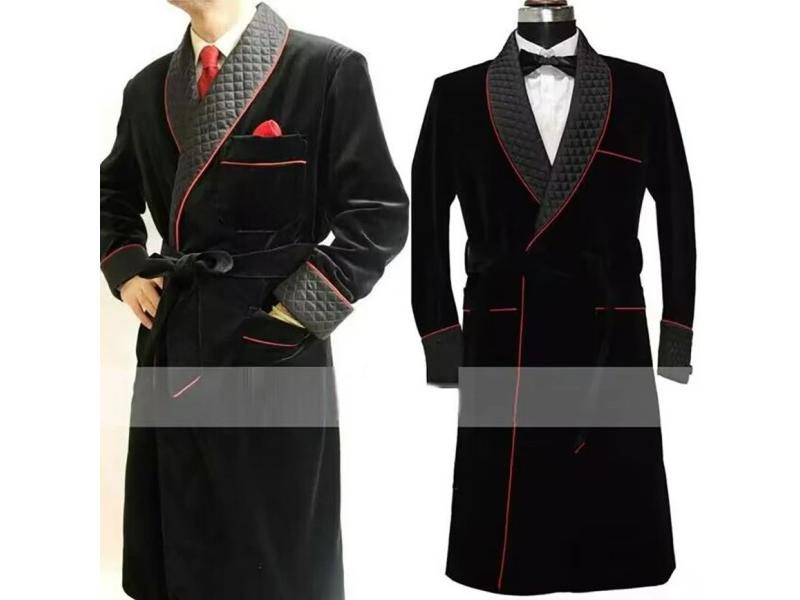 Velvet Long Men Suit Smoking Jacket Costume Groom Tuxedos Shawl Lapel Wedding Carousel 1