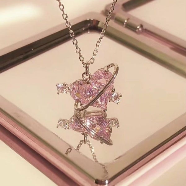 Pink Heart Planet Pendant Necklace Carousel 2