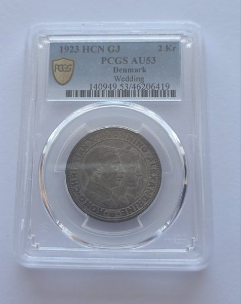 $1 RESERVE PCGS Slabbed DENMARK, Christian X, 2 Kroner 1923, Silver COIN. Carousel 2