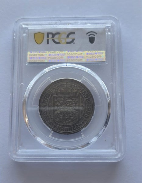 $1 RESERVE PCGS Slabbed DENMARK, Christian X, 2 Kroner 1923, Silver COIN. Carousel 1
