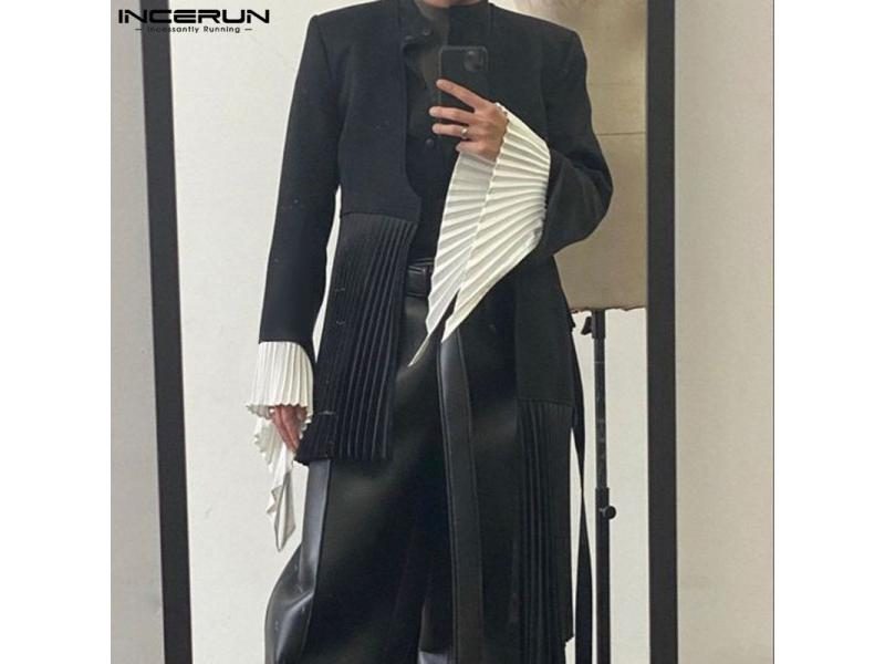 INCERUN Men Blazer Pleated Patchwork V Neck Long Sleeve Open Stitch Casual Carousel 2
