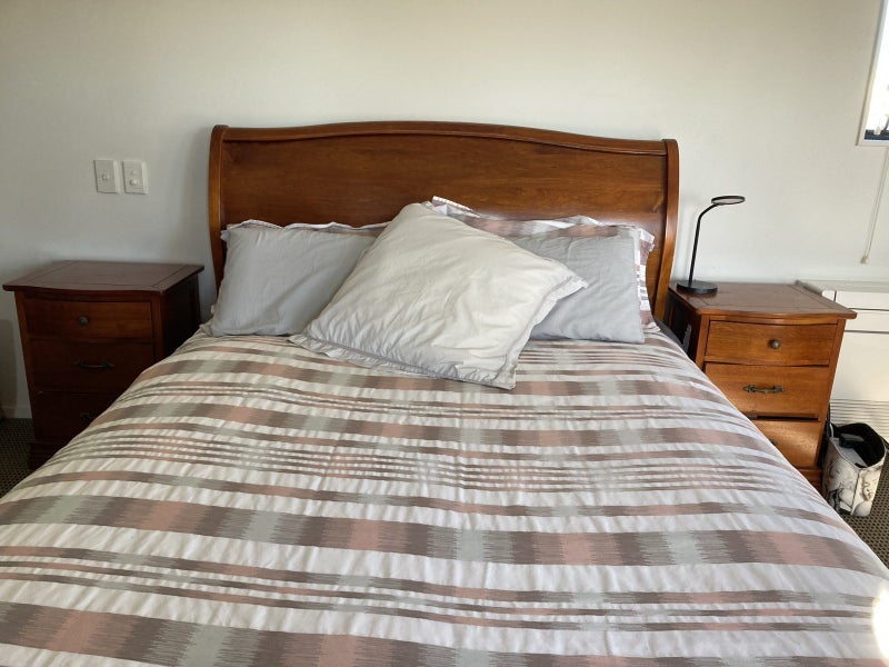 Bed , base & Mattress set- solid wood very good condition Queen size Carousel 2