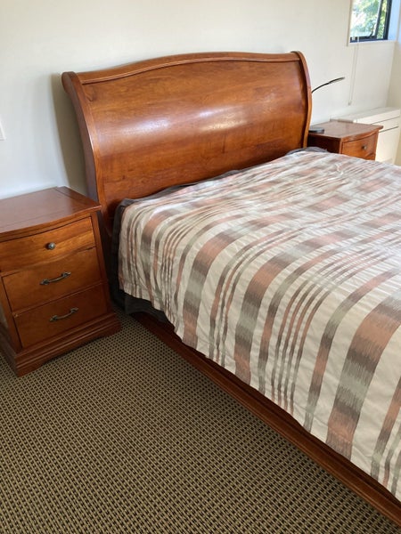 Bed , base & Mattress set- solid wood very good condition Queen size Carousel 1