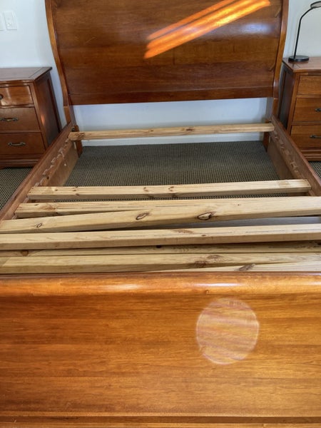 Bed , base & Mattress set- solid wood very good condition Queen size Carousel 9