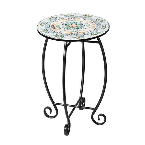 Side Table with Relief Ceramic Tile Tabletop & Metal Frame for Living Room Carousel 1