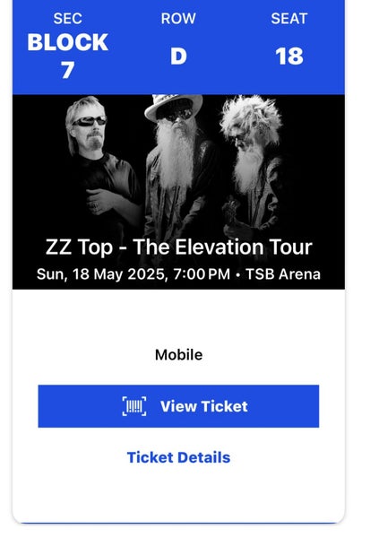 ZZ top ticket Wellington TONIGHT x1 Carousel 1