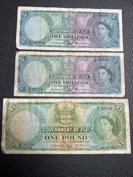Fiji pre decimal notes - five shillings, one pound Carousel 1