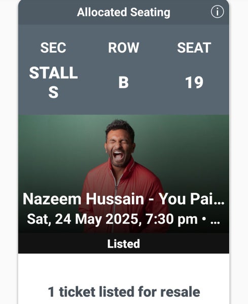 Ticket x1 Nazeem Hussain Comedy-2nd Row from Front Carousel 1