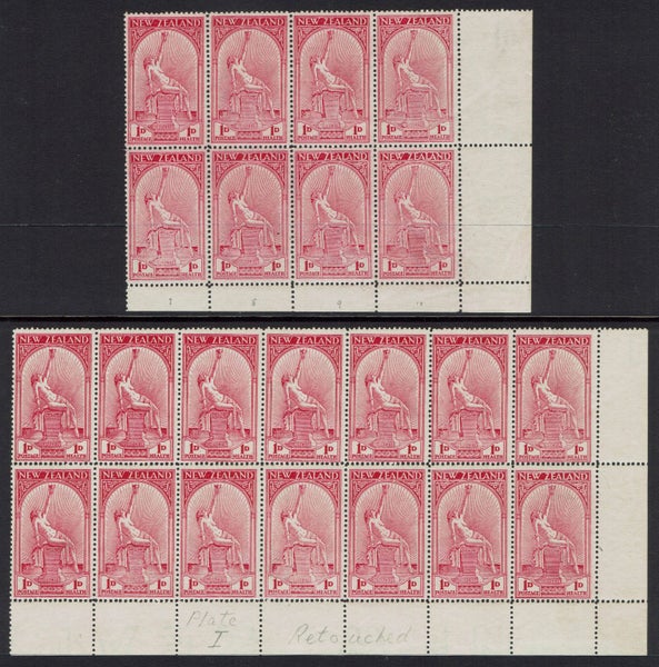>>> New Zealand 1932 Health Hygeia 1d+1d Pl. I x8 & Retou. x14 UHM CV$3000 Rare62864736878850112