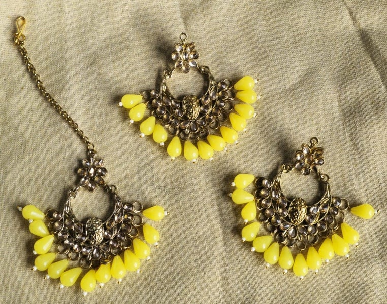 Yellow Chandbali Earrings & Maang Tikka Set | Haldi Mehndi | Ethnic Bridal Set Carousel 1