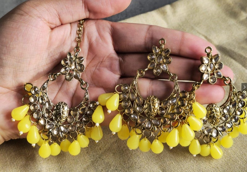 Yellow Chandbali Earrings & Maang Tikka Set | Haldi Mehndi | Ethnic Bridal Set Carousel 2