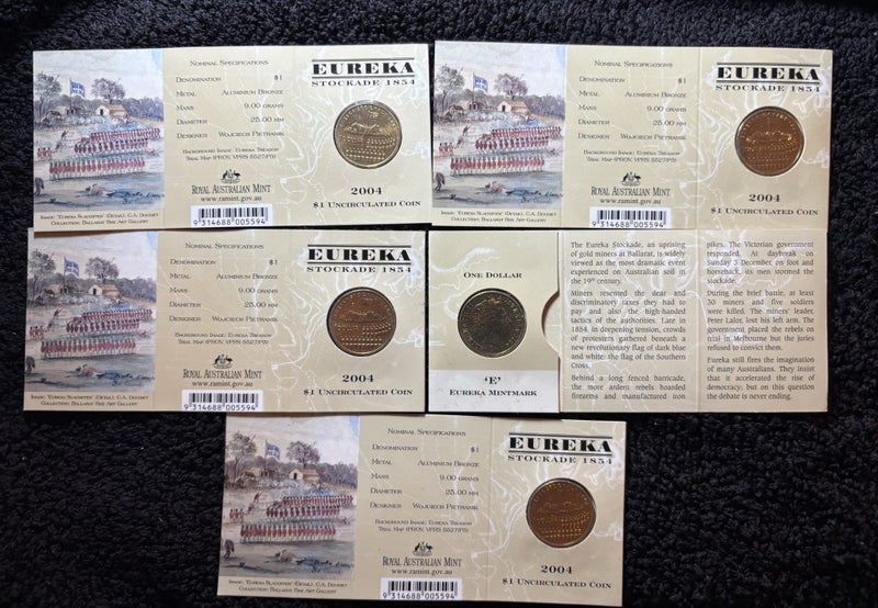 5 x 2004 Euerka Stockade 1854 $1 coins Carousel 1