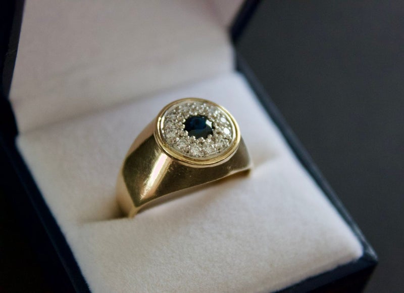 9ct Yellow Gold Sapphire and Diamond Mens Signet Ring Carousel 1