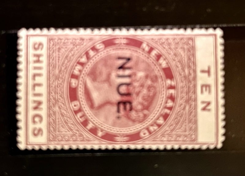 Niue 10/- Stamp Duty H.M. NZ 1880 (?) duty stamp overprinted Carousel 1