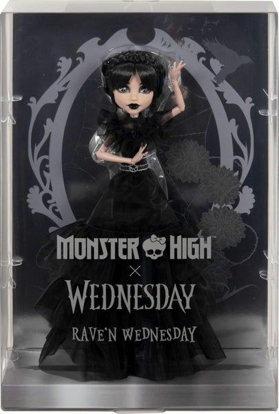 Monster High Wednesday Doll, Rave’N Wednesday (in Black Gothic Gown with Stand) Carousel 1