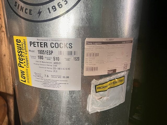 Hot Water Cylinder - Peter Cocks 180L Low Pressure Copper (Model 18051ESP) Carousel 2