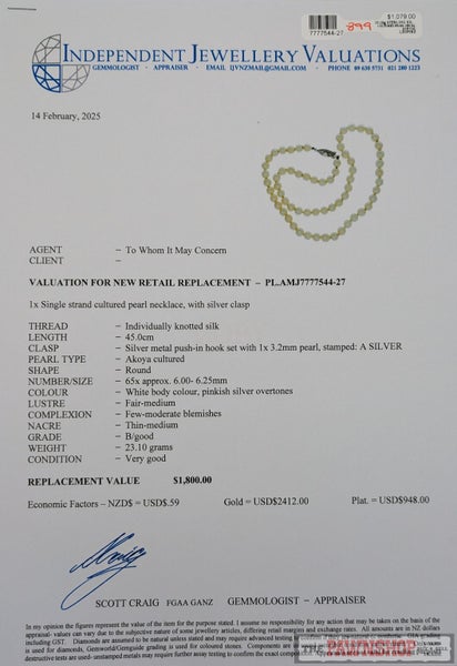 Akoya Cultured Pearl Necklace 45cm with Sterling Silver Clasp ~ $1,800 Carousel 5