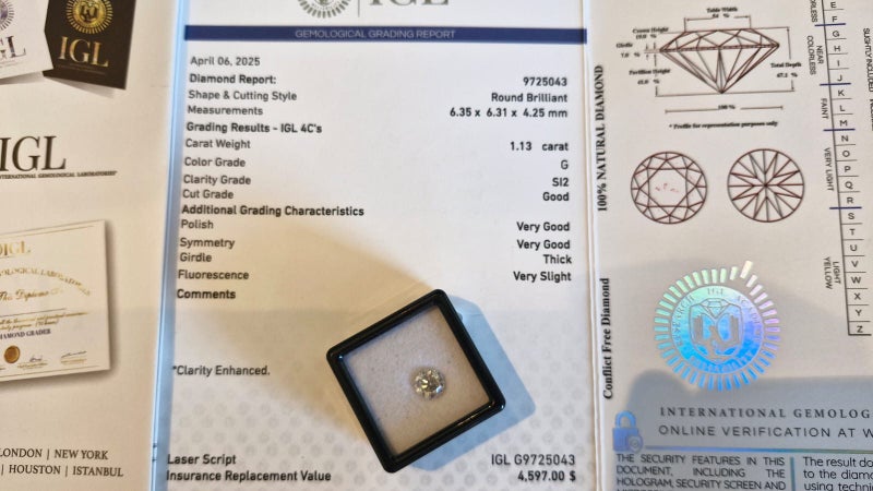 $1 RES * Valuation $7,763.00 * 1.13ct Round Large White Diamond Loose IGL CERT Carousel 1