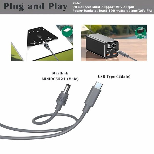 Type-c to DC Power Charging Cable 3M for Starlink Mini Outdoor Waterproof Carousel 6