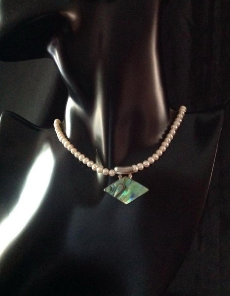 Genuine Pearl, 925 silver & Paua Necklace - NEW Carousel 1