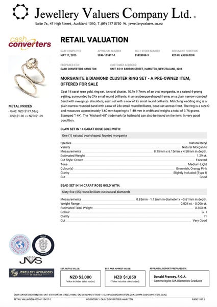 14ct Morganite & Diamond Ring TDW 0.30ct Valuation $3,000 VAL777 Carousel 7