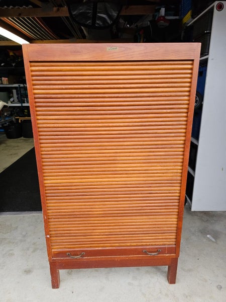Mid century oak concertina roller door pigeon hole shelving Carousel 1