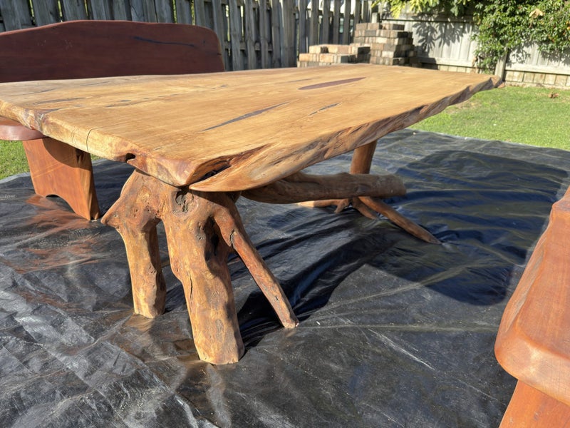 HUGE 8 SEATER AND 2 DANCING WIVES MACROCARPA TABLE with Bench Seats62931714818433114