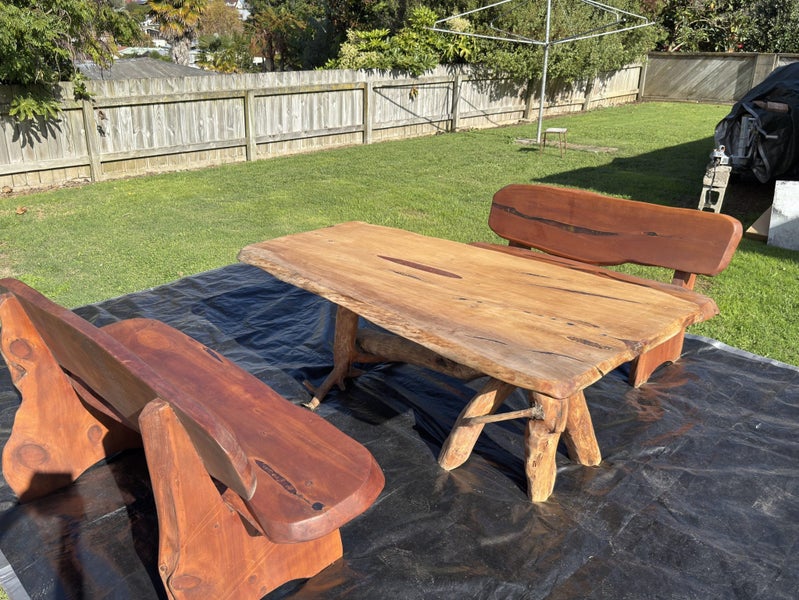 HUGE 8 SEATER AND 2 DANCING WIVES MACROCARPA TABLE with Bench Seats629317148184331116