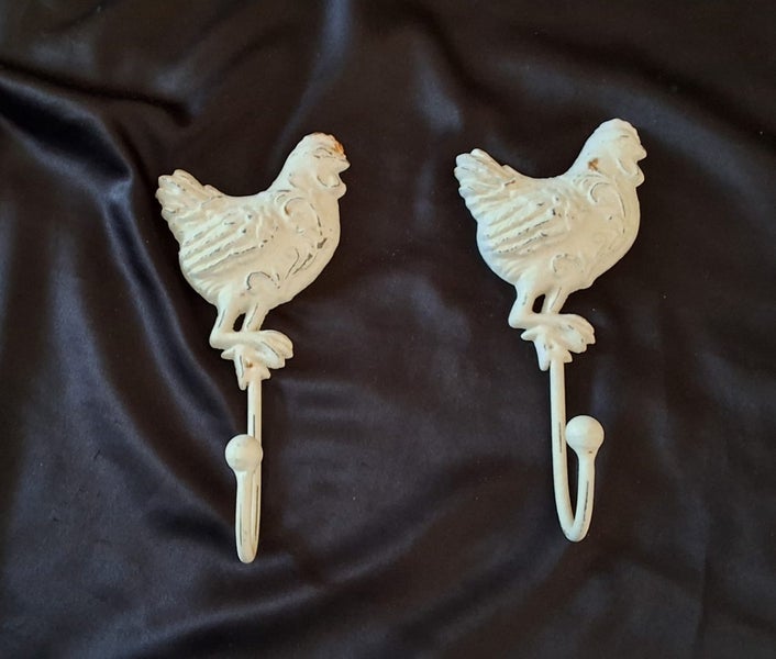 Wrought-iron Coat Hooks Hens x2 Shabby Chic Farmhouse Decor Carousel 1