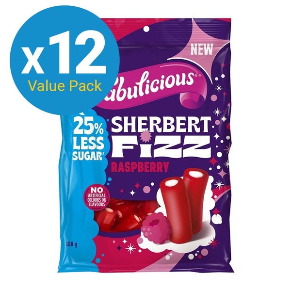 RJ's Fabulicious Sherbert Fizz Raspberry (25% Reduced Sugar) 180g (12 Pack) Carousel 1