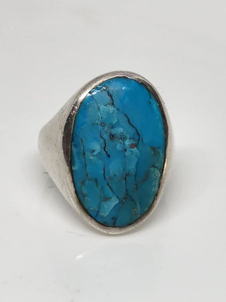 Large Sterling silver & Turquoise? ring size V Carousel 1