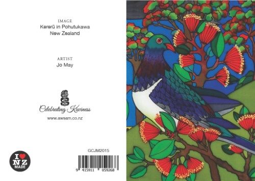 Jo May Greetings Card with C6 Blue Envelope - Kereru in Pohutukawa Carousel 1