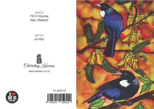 Jo May Greetings Card with C6 Blue Envelope - Tui In Kowhai Carousel 1